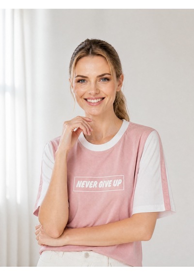 Nealirsanall.com "never Give Up" Baskılı Penye Tişört - Kontrast Kollu Spor Bluz Siyah
