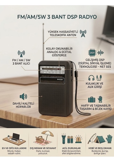Dexxony Şarjlı Cep Radyosu - Fm Am Sw 3 Bant Dsp Çipli Deprem Çantası İçin Küçük El Radyosu