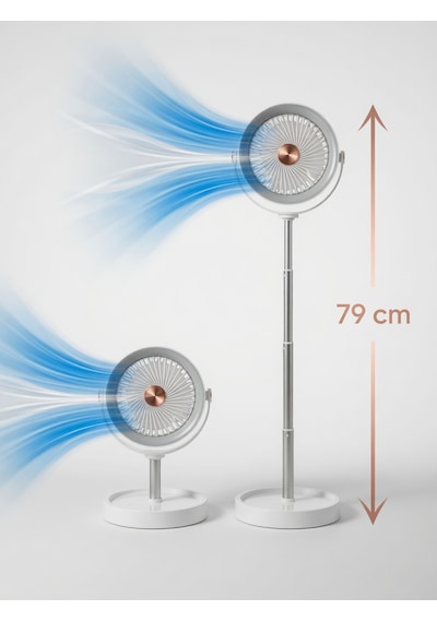 Teleskopik Ayaklı Hem Masaüstü Hem Dikey 79 Cm Şarjlı 3 Kademeli Fan Vantilatör 360
