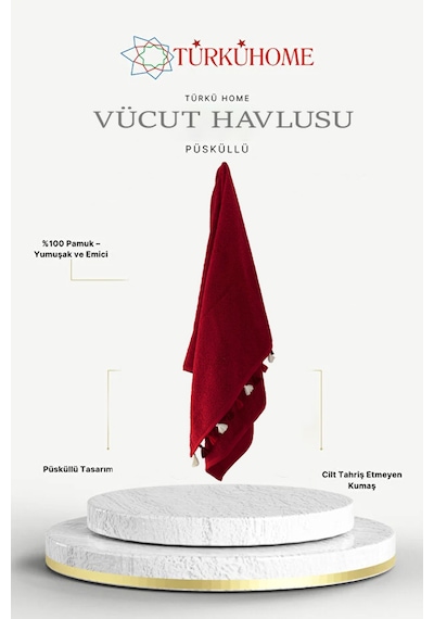 Püsküllü Yumuşak Pamuk Havlu Yüksek Emicili Vücut Havlusu 70x130 Cm Kırmızı