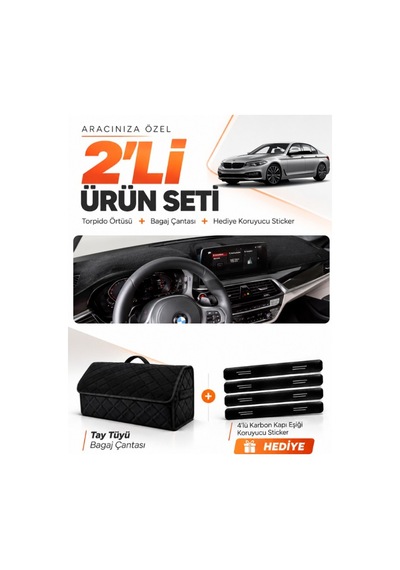 Bmw G30 G31 G38 2017-2023 Uyumlu Torpido Örtüsü + Tay Tüyü Bagaj Çantası + Sticker Seti - Siyah