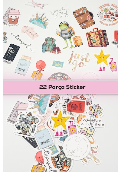 Seyahat Temalı Sticker Paketi 22 Parça Kaliteli Su Geçirmez Travel Etiket Seti Çok Renkli