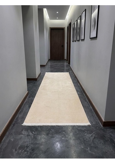 Dinar Armoni Saçaklı Kaymaz Tabanlı Kesme Kabartmalı Yıkanabilir Salon Koridor Halı Yolluk Bej