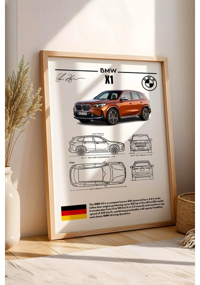 Bmw X1 Tablo - Teknik Özellikli Alman Lüks Suv Poster - Çerçeveli Duvar Dekoru - Araba Blueprint Kayın