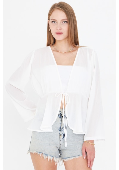 Armonika Kadın Beyaz Önden Bağlama Detaylı Şifon Kimono Hırka Arm-25y001072