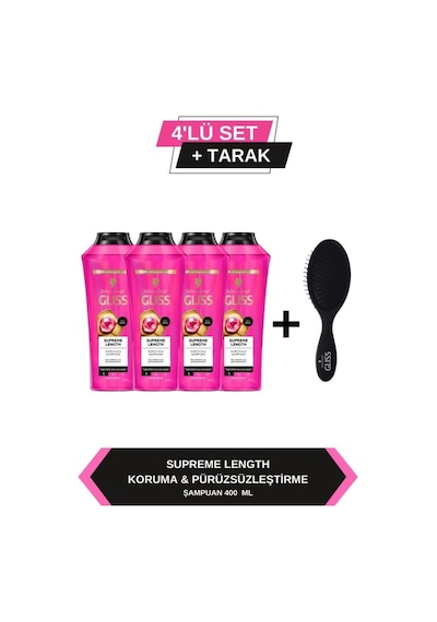 Gliss Supreme Length Uzun Saçlara Özel Şampuan 4 x 400 ML + Tarak