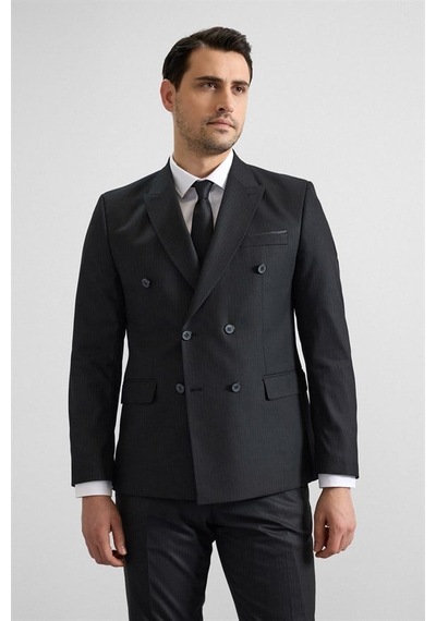 Süvari Siyah Slim Kruvaze Yaka 6 Drop Takım Elbise Tk1006900389-s09 Siyah