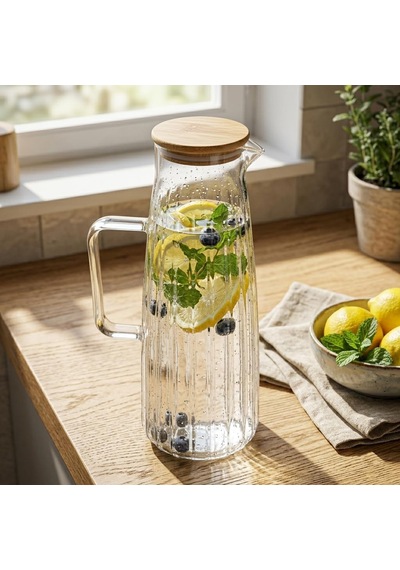 Bambu Kapaklı Borosilikat Cam Yağdanlık Ve Sürahi 1000ml 11x26cm Çok Amaçlı İçecek Ve Sıvı Gıda Saklama Çok Renkli