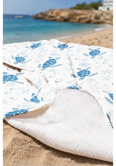 Deniz Kaplumbağası Temalı Marine Plaj Havlusu - Mavi Beyaz Nautical Hızlı Kuruyan Mikrofiber Havlu Çok Renkli