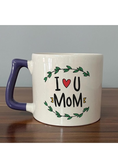 I Love You Mom Baskılı Mor Kulplu D Kupa
