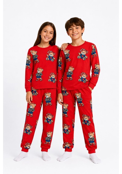 Zuzunga Unisex Kırmızı Renk Ayıcık Desenli Uzun Kollu Pijama Takımı
