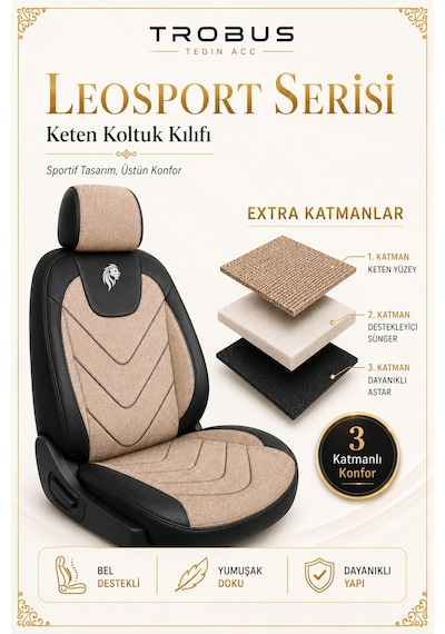 Citroen C4 Cactus 2014-2020 Uyumlu Leosport Serisi Bej Siyah Oto Koltuk Kılıfı