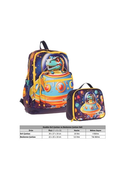 Kaukko Astronot Dinazor Baskılı Erkek Çocuk Okul Çantası Ve Thermo Beslenme Çantası Seti - Mavi Sarı L5273+l7273 Mavi - Sarı