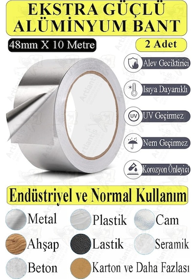 Alüminyum Bant 10 Metre 2 Paket Aliminyum Folyo Yapışkanlı Band Aspiratör Soba Borusu Tamir Sıcaklığa Dayanıklı Yanmaz
