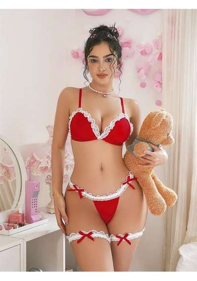 Ang Butik Kadın Boyunluklu Bacak Aksesuarlı Kırmızı Hizmetçi Kostümü Takımı