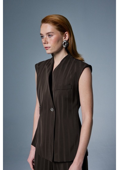 Sateen Anna Çizgili Yelek - Kahve-137068 Kahve