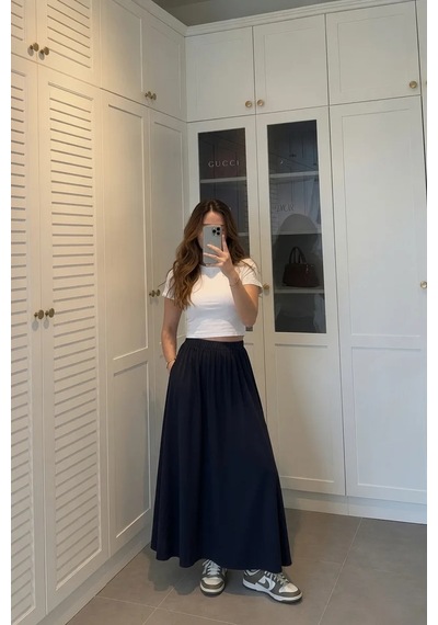 Kadın Lacivert Poplin Kumaş Uzun Etek Beli Lastikli Günlük Maxi Etek 90 Cm