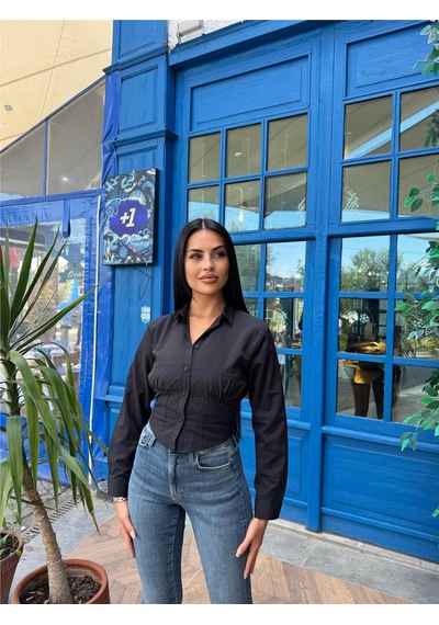 WeShaya Siyah Desenli Polyester Parçalı Gömlek Siyah