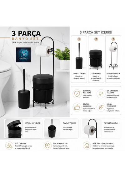 Premium Lüks 3 Lü Banyo Aksesuar Seti Modern Tasarım Siyah