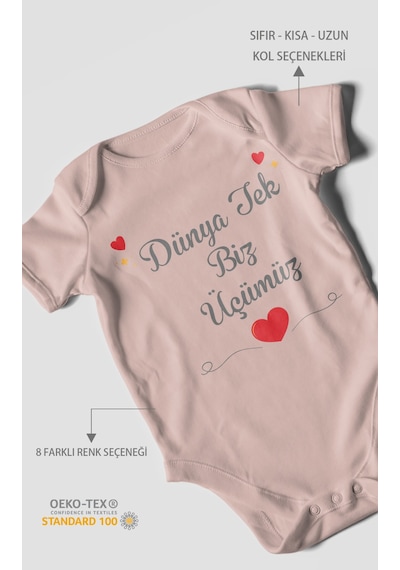 Morivokids Dünya Tek Biz Üçümüz Kısa Kollu Bebek Body %100 Pamuk Pastel Pembe