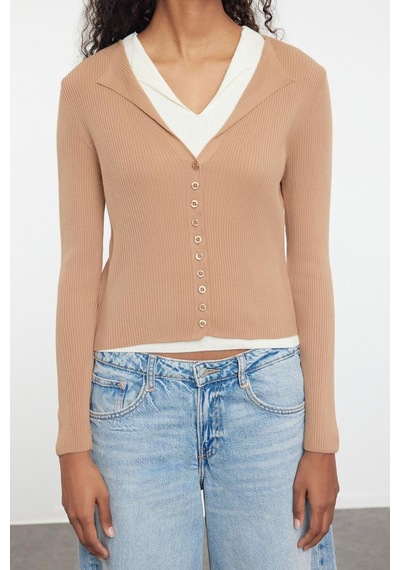 Ersefa Kadın Modern Tarz Slim V Yaka Regular Triko Hırka Camel