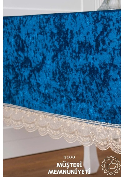 Pera Lüx Dantelli Kadife Kumaş Turkuaz Masa Örtüsü 160x220 Cm - 1421 Çok Renkli
