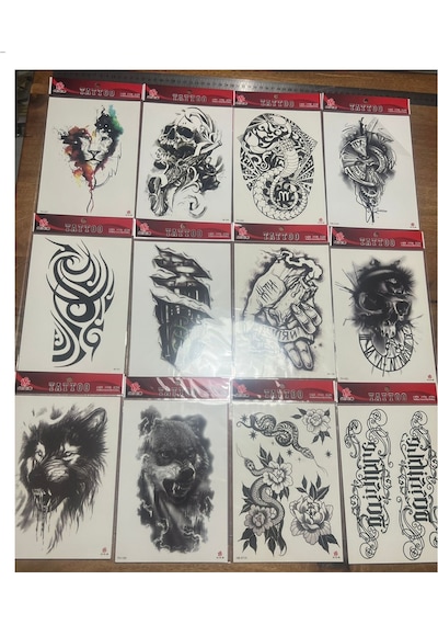 Airbrush Tattoo Büyük Boy Yapıştırma Geçici Dövme Seti 12'li Seri1