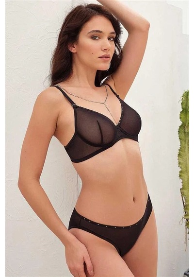 Linabloom Kadın Balenli Desteksiz Dolgusuz Askıları Çıkabilen Yaka Detaylı Taşlı Sütyen Ve Slip Takım siyah