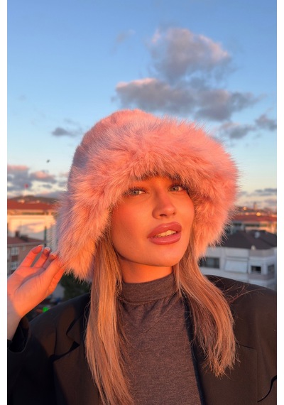 Mollycrush Suni Kürklü Peluş Bucket Kalpak Şapka Luxury Kadın Pembe Rus Slav Tarzı Pembe