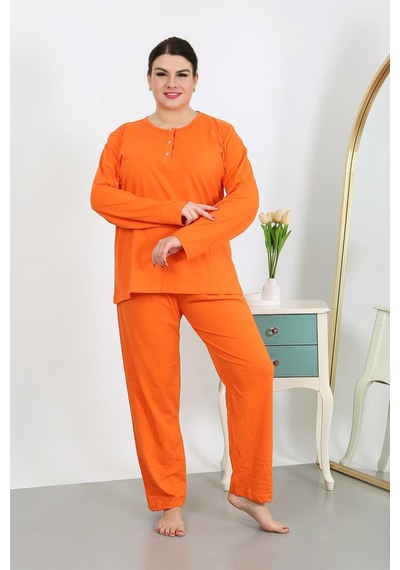 Akbeniz Kadın Büyük Beden Uzun Kol Penye Pijama Takımı Turuncu 202501 Turuncu