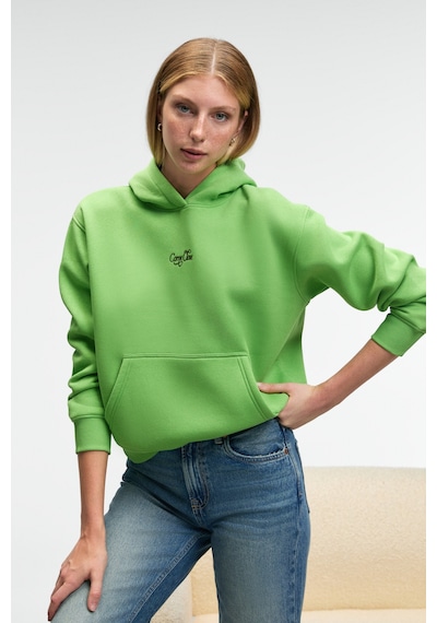 ETHIQUET ME UREA Kadın Nakışlı Kapüşonlu Comfort Fit Fıstık Yeşili Sweatshirt