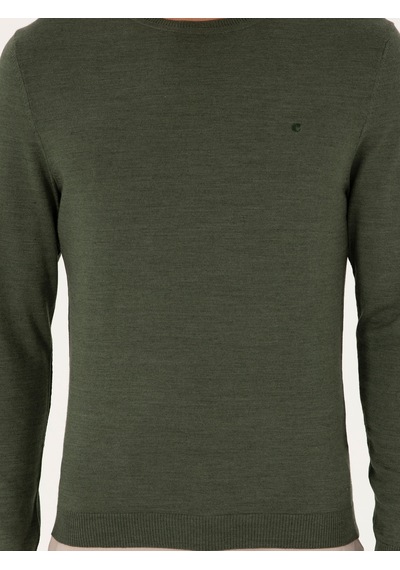 Cacharel Haki Slim Fit Yün Karışımlı Bisiklet Yaka Basic Triko Kazak Yesıl