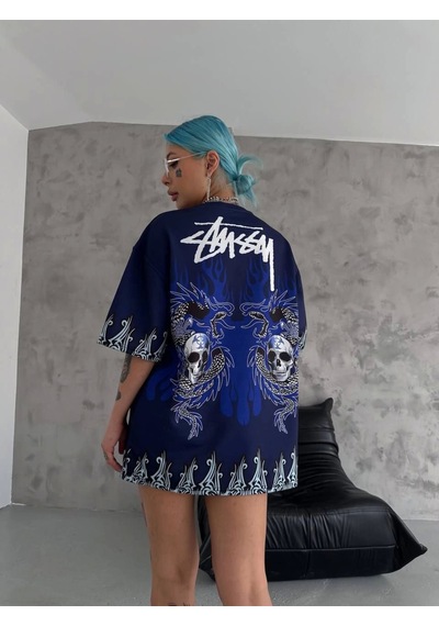 Wear Vexel Unisex Bisiklet Yaka Baskılı Oversize T-shirt - Lacivert Lacivert