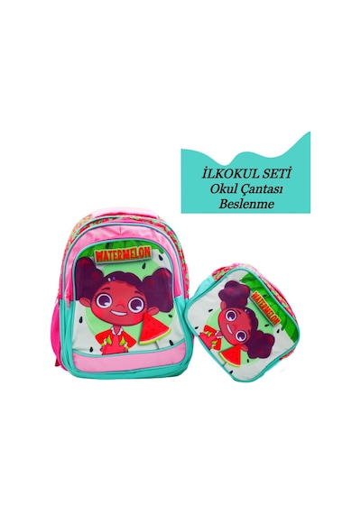 3 Bölmeli İlkokul Okul Sırt Çantası Ve Beslenme Çantası Watermelon Yeşil Yeşil-pembe