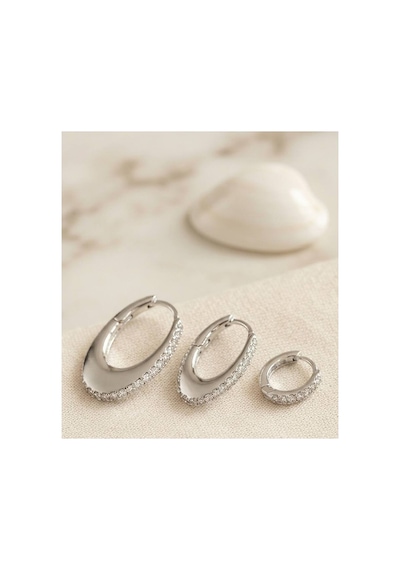 Gümüş Renk Oval Halka Model Zirkon Taşlı 3 Lü Küpe Set Tj-bkp11975 Evimdeyokyok