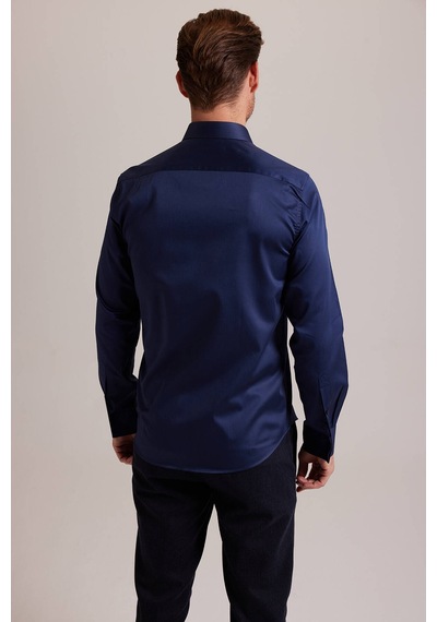 Erkek Lacivert Uzun Kol Slim Fit Saten Gömlek