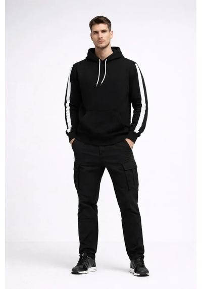 Defymoda Erkek Şeritli Kapüşonlu Sweatshirt Oversize 3 Iplik Pamuklu - Siyah Siyah