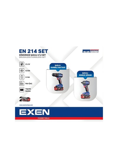 Exen EN214 21V 4AH EX018026 Kömürsüz Şarjlı Makina 2'li Set