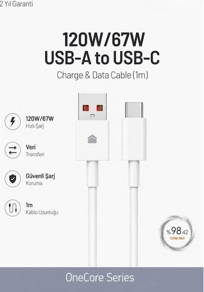 120w/67w Usb-a To Usb-c Hızlı Şarj Ve Data Kablosu 1m Beyaz