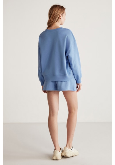 Grımelange Jennıfer Kadın Organik Pamuklu Nakışlı Yuvarlak Yakalı Oversize Mavi Sweatshirt