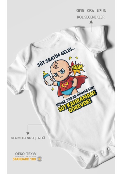 Süt Saatim Geldi Kimse Zarar Görmesin Baskılı Bebek Zıbını Çıtçıtlı Body %100 Pamuk Kısa Kol Beyaz