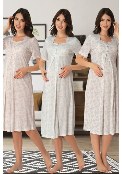 Effort Pijama Effortt 8013 Çiçek Desen Hamile Lohusa Gecelik Gri