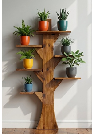 Dekoratif Masif Ağaç Tasarım Ceviz Çiçek Standı - 120x60 Cm Modern Saksılık Bordo