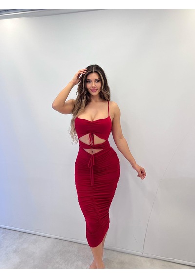 Pink Life Kırmızı Sandy Kumaş Full Likra Kalem Elbise Kırmızı