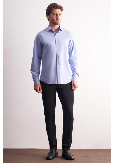 İmza Mavi Yarım İtalyan Yaka Uzun Kol Premium Slim Fit %100 Pamuk Gömlek 1004255194 Mavi