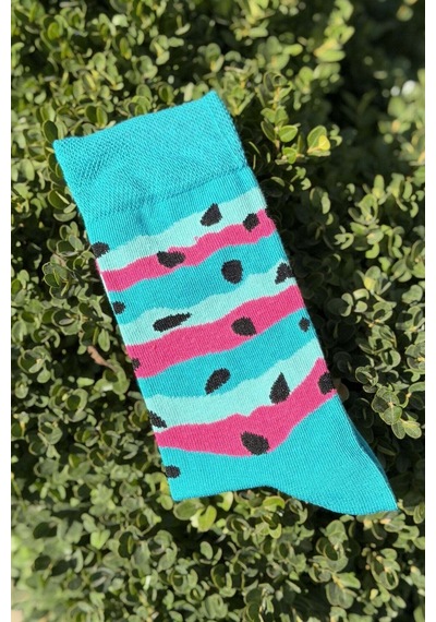 Lousocks Unisex Sağlı Sollu Karpuz Desenli Sarı Turkuaz Soket Çorap