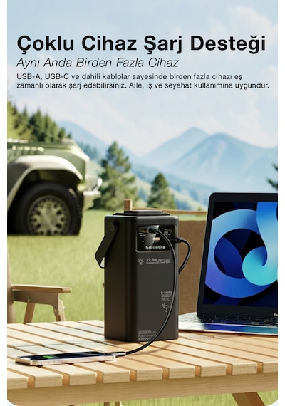80.000mah Kamp 30w 22.5w Qc Hızlı Şarjlı Dahili Usb-c Kablolu Led Işıklı Dijital Göstergeli Taşınabilir Güç İstasyonu