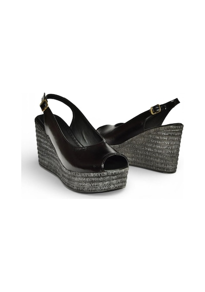 Fox Shoes Y996553560 Siyah Rustik Dolgu Topuklu Kadın Ayakkabı Siyah