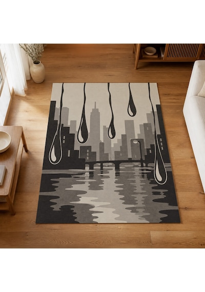 Kartela Halı Yağmur Şehir Silüetli Modern Halı Antrasit Kaymaz Taban Makinede Yıkanabilir 160x240 Cm