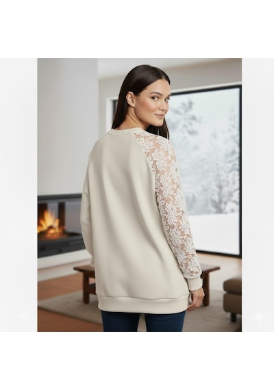 Afri Ekru Dantel Detaylı Sweatshirt Şık Ve Rahat Günlük Kadın Üst Yumuşak Kumaş Ekru